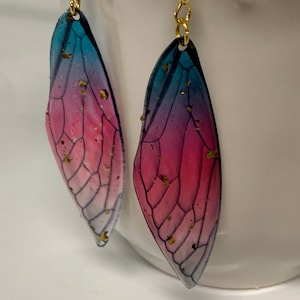 Resin Insect Dark Blue/Pink Gold Cicada Wing Earrings