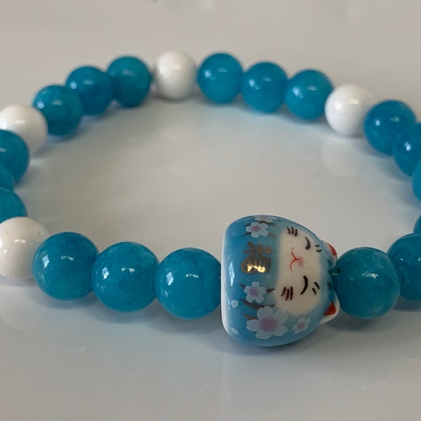 Lucky Cat/Maneki Neko Sky Blue Porcelain Gemstone Bead Bracelet