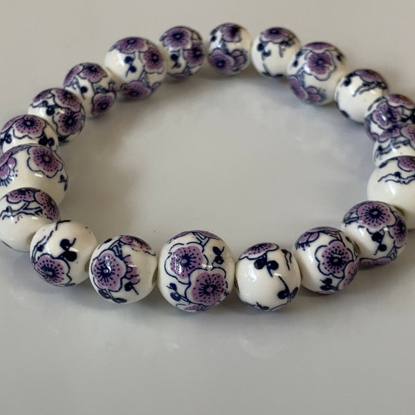 Purple Plum Blossom Chinoiserie Porcelain Bead Bracelet