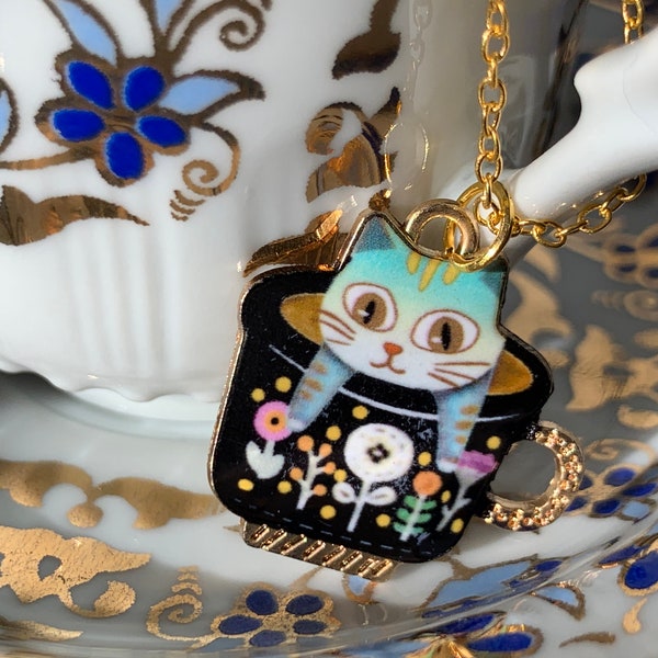 Blue Tabby Cat in Teacup Gold Enamel Necklace