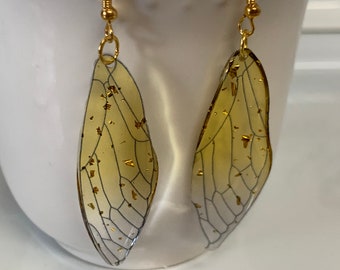 Resin Insect Yellow Gold Cicada Wing Earrings