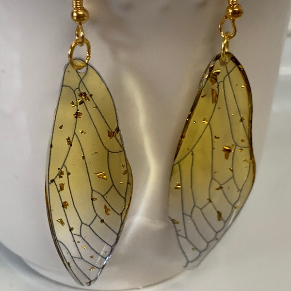 Resin Insect Yellow Gold Cicada Wing Earrings