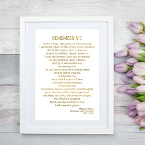 Remember Me Memorial Poem, Memorial Art, Memorial Poem Print, Bereavement Art Print, Black And Faux Gold Foil Wall Decor, Memorial Gift