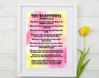 Jesus Quote The Beatitudes Printable, Matthew 5:3-12 Scripture Print, Church Poster, New Testament Bible Verse Watercolor Wall Art