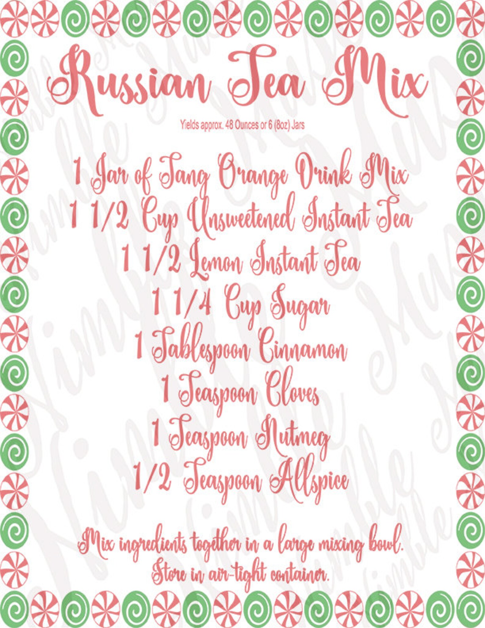 Russian Tea Mix Gift Kit Christmas Gift In A Jar Recipe DIY | Etsy