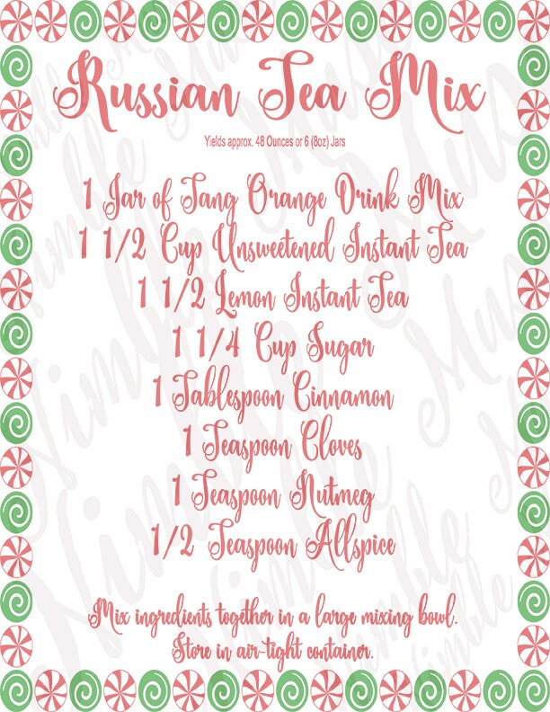 Russian Tea Mix Gift Kit, Christmas Gift in A Jar Recipe, DIY Gift in A ...