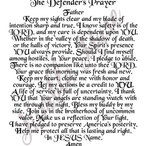 May include: A black and white printable prayer card with the text "The Defender's Prayer" and a prayer for protection and guidance. The prayer includes the phrase "In Jesus Name, Amen".
