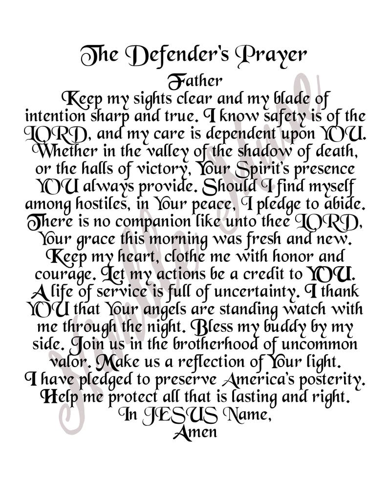May include: A black and white printable prayer card with the text "The Defender's Prayer" and a prayer for protection and guidance. The prayer includes the phrase "In Jesus Name, Amen".