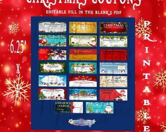 May include: A set of 60 printable Christmas coupons, featuring 20 different designs. The coupons are 6.25 inches by 3 inches and are editable, allowing you to fill in the blanks with your own personalized messages. The coupons feature various Christmas themes, including Santa Claus, penguins, snowmen, and Christmas trees.