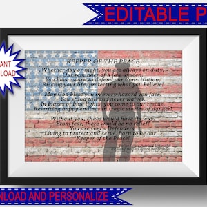 Personalized Police Officer Gift, Police Prayer, Law Enforcement Police Gift, Police Wall Art Gift, Police American Flag Decor, Editable PDF