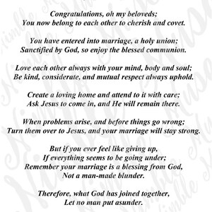 May include: Black and white text on a white background with the title "Marriage, A Holy Union". The text is a poem about marriage and the importance of love, respect, and faith in a relationship. The poem ends with the quote "Therefore, what God has joined together, Let no man put asunder." and is signed "Rhonda England &copy; 2006".