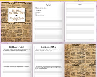 May include: A printable 30-day Bible reading plan journal with a yellow and white background. The journal includes a daily reading schedule, reflection questions, and space for notes. The text "THE 30 DAY BIBLE CHALLENGE" is at the top of the page.