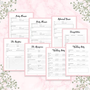 May include: A printable wedding planner checklist with sections for the rehearsal dinner, transportation, the reception, the honeymoon, and the wedding party. The planner has a floral design with a pink background.
