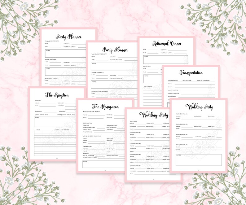 May include: A printable wedding planner checklist with sections for the rehearsal dinner, transportation, the reception, the honeymoon, and the wedding party. The planner has a floral design with a pink background.