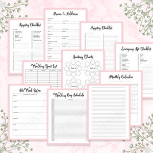 May include: A set of printable wedding planning checklists and worksheets. The checklists include a registry checklist, seating chart, guest list, emergency kit checklist, and a monthly calendar. The worksheets include a "The Week Before" checklist and a "Wedding Day Schedule" checklist.