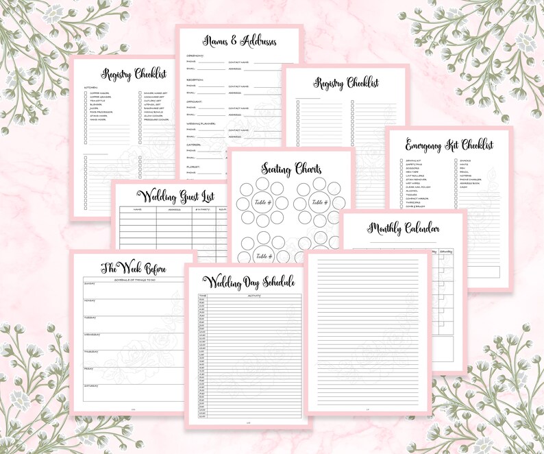 May include: A set of printable wedding planning checklists and worksheets. The checklists include a registry checklist, seating chart, guest list, emergency kit checklist, and a monthly calendar. The worksheets include a "The Week Before" checklist and a "Wedding Day Schedule" checklist.