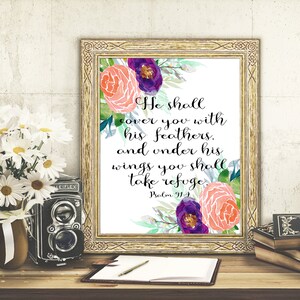 Psalm 91:4, Bible Verse Art Prints, Floral Scripture Wall Art, Floral Bible Verses, Digital Scripture Wall Art, Digital Bible Verse Wall Art