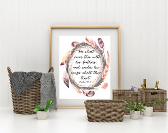 Psalm 91:4, Bible Verse Art Prints, Feather Scripture Wall Art, KJV Bible Verse, Digital Scripture Wall Art, Digital Bible Verse Wall Art