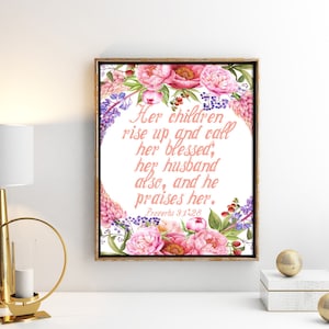 Wall Decor Proverbs 31 Scripture, Proverbs 31:28 Bible Verse, Proverbs 31 Scripture Print, Floral Proverbs 31 Scripture, Wife Wall Art Print