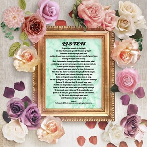 May include: A framed inspirational quote about listening to God's voice. The quote is printed on a light green background with a white marble texture. The frame is gold and the quote is surrounded by pink roses.