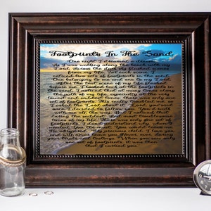 Huellas, huellas en la arena, poema cristiano imprimible, poema cristiano, arte de pared imprimible de playa, arte de regalo cristiano, tamaño del paisaje