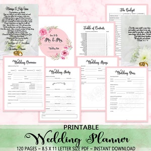 May include: Printable wedding planner with pink floral accents. The planner includes sections for wedding overview, rings, party, dress, and budget. The cover features the text "Some To Be Mr & Mrs" and a floral design. The text "120 Pages ~ 8.5 x 11 Letter Size PDF ~ Instant Download" is at the bottom.