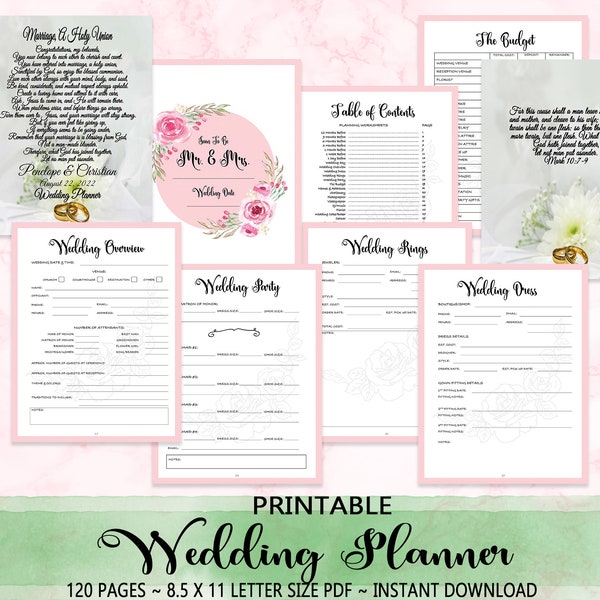 Christian Wedding Planner Printable With Editable Personalized Cover, Mark 10 9 Printable Wedding Planner Book, Customized Wedding Notebook