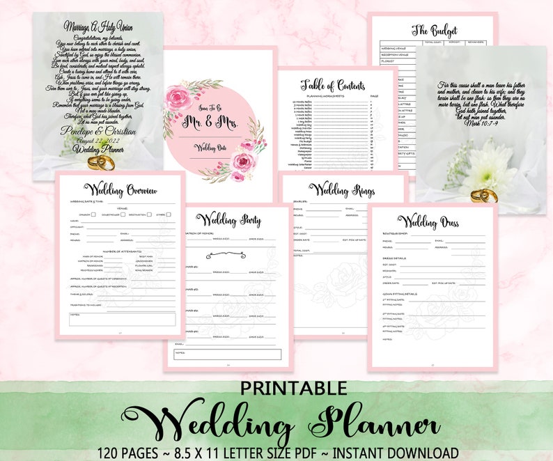 May include: Printable wedding planner with pink floral accents. The planner includes sections for wedding overview, rings, party, dress, and budget. The cover features the text "Some To Be Mr & Mrs" and a floral design. The text "120 Pages ~ 8.5 x 11 Letter Size PDF ~ Instant Download" is at the bottom.