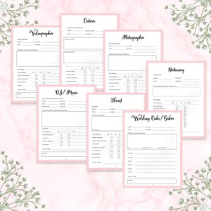 May include: A printable wedding vendor checklist with sections for Caterer, Videographer, Photographer, DJ/Music, Florist, Stationery, and Wedding Cake/Baker. Each section includes fields for contact information, services, pricing, and notes.
