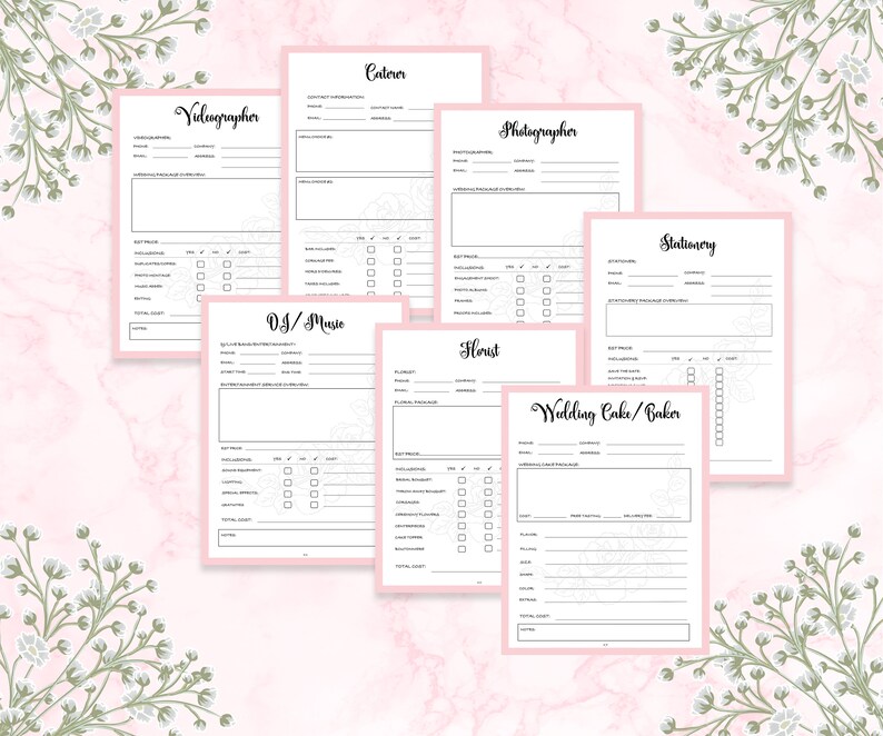 May include: A printable wedding vendor checklist with sections for Caterer, Videographer, Photographer, DJ/Music, Florist, Stationery, and Wedding Cake/Baker. Each section includes fields for contact information, services, pricing, and notes.