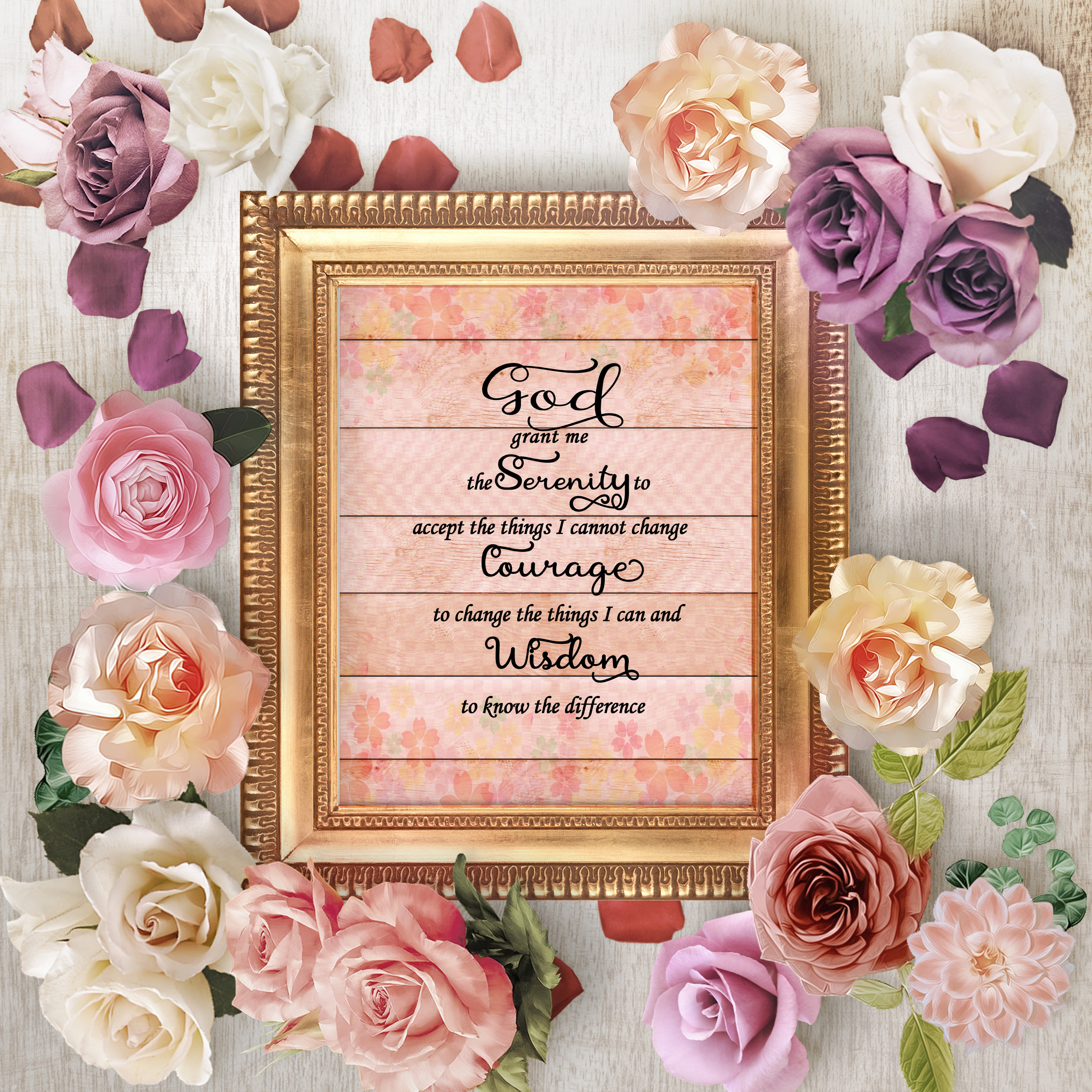 Serenity Prayer Art Print, Pink Faux Wood Rustic Floral Wall Decor
