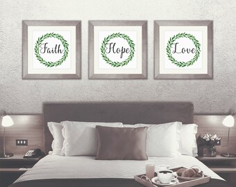 Faith Hope Love Set Wall Art, Green Floral Wreath, 3 Set Square Art Prints, Floral Wall Art, Floral Home Decor, Instant Download