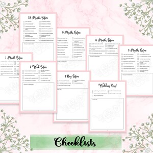 May include: A printable wedding checklist with a floral design. The checklist includes tasks to be completed 12 months, 9 months, 6 months, 3 months, 1 month, 1 week, and 1 day before the wedding, as well as on the wedding day.