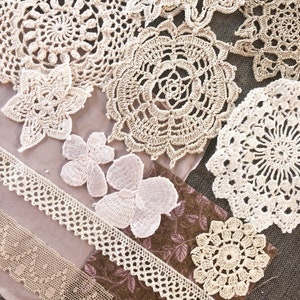 Lace and fabric snippet bundle with 14 assorted vintage pieces, bundle for junk journals, scrapbooks, crafting.