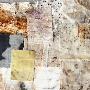 エコ染め生地スニペットバンドル、エコと植物染めの織物から切り取った12種類の小さなピース