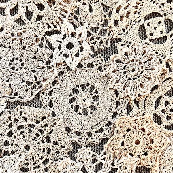 Crochet medallion bundle, 15 assorted ecru and cream medallions cut from vintage doilies, snippet grab bag.