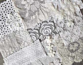 Lace and fabric snippet bundle with 14 assorted vintage pieces, bundle for junk journals, scrapbooks, crafting.