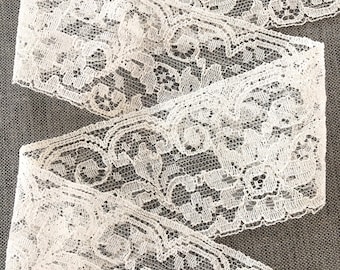 Vintage lace trim, fine white floral net lace 2.75" wide
