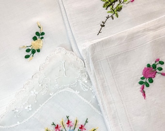 Vintage Handkerchief Bundle, 4 assorted floral embroidered vintage hankies