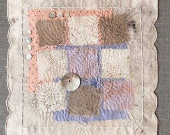 Pearl Shell Textile Art, Embroidery with Repurposed Vintage Linen and Recycled and Eco-Dyed Fabrics