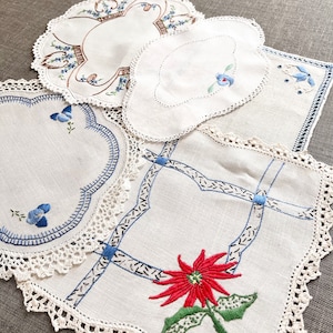 Embroidered doily bundle with 5 assorted vintage floral doilies, bundle for junk journals scrapbooks heirloom quilts crafts image 1
