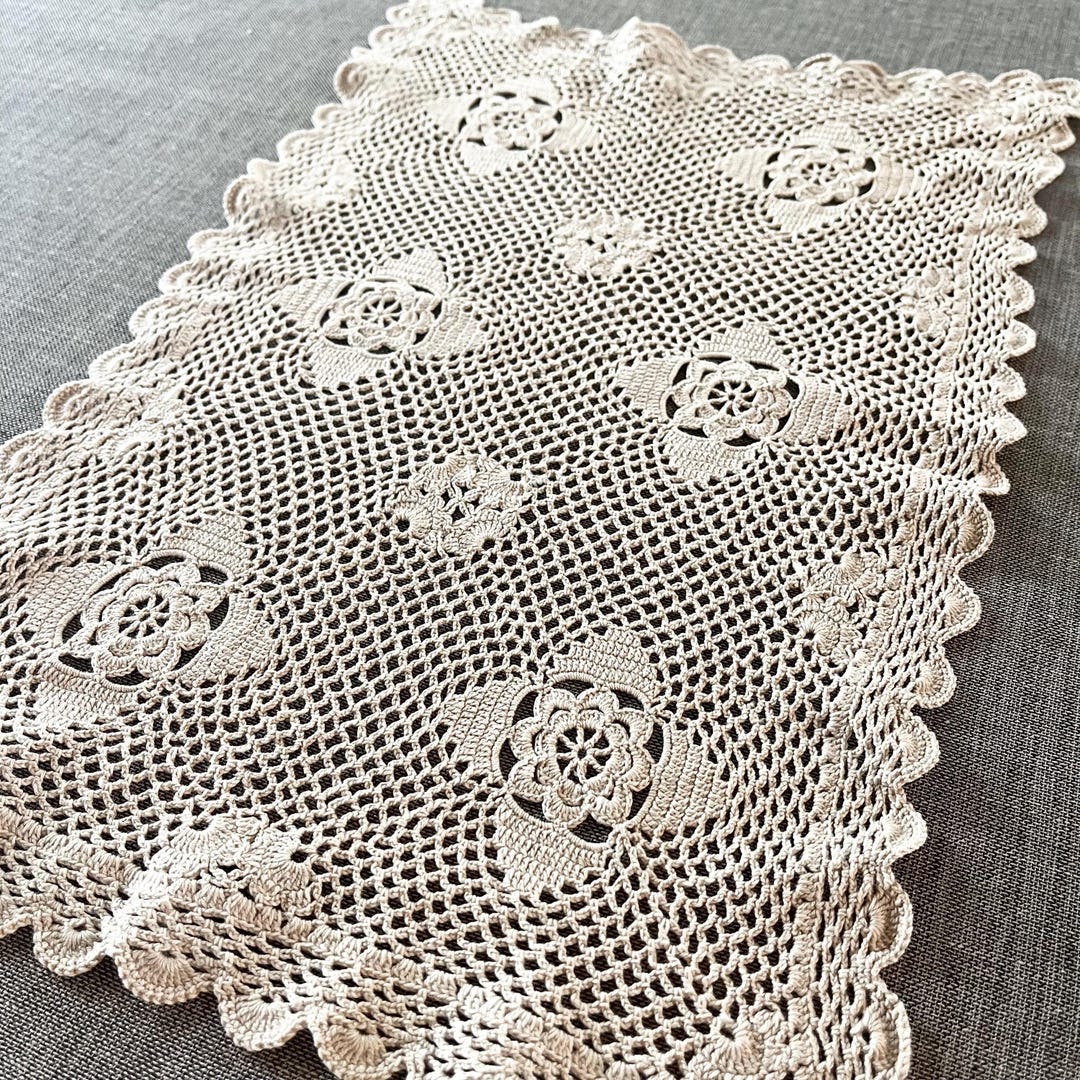 Vintage Crochet Doily: Ecru Rectangular Floral Cotton Doily - Etsy ...