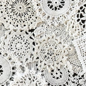 Crochet medallion bundle, 15 assorted white and light cream medallions cut from vintage doilies, snippet grab bag.