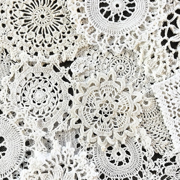 Crochet medallion bundle, 15 assorted white and light cream medallions cut from vintage doilies, snippet grab bag.