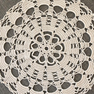 May include: A delicate, off-white crocheted doily with a circular design. The doily features a central flower motif surrounded by concentric rings of intricate lacework.