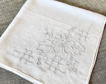 Vintage Handkerchief, White Linen Handkerchief with DrawnThread Work and Embroidery