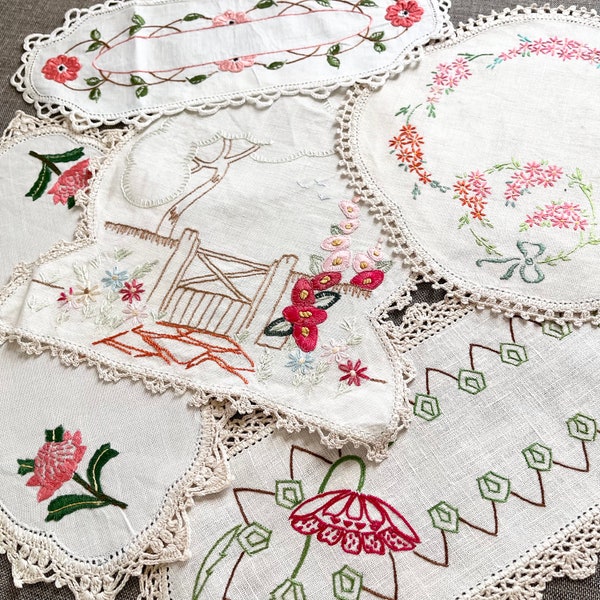 Embroidered doily bundle with 5 assorted vintage doilies, bundle for junk journals scrapbooks heirloom quilts crafts