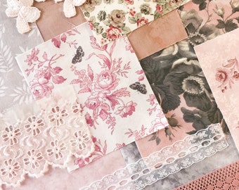 Fabric and lace pieces pack, 12 assorted rose pink floral fabric and lace pieces inspiration pack, fabric bundle