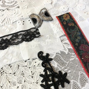 Lace and fabric snippet bundle with 15 assorted vintage pieces, bundle for junk journals, scrapbooks, crafting.