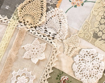 Lace and fabric snippet bundle with 14 assorted vintage pieces, bundle for junk journals, scrapbooks, crafting.